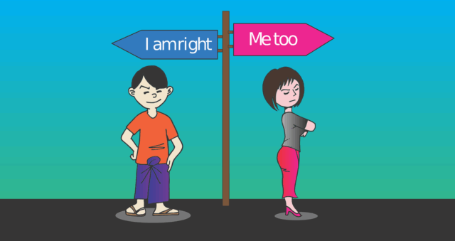 Cartoon image of a man in an orange shirt and blue sarong standing with hands on hips beside a pink and blue directional sign. One arrow says "I am right," pointing left, and the other says "Me too," pointing right, humorously highlighting the benefits of divorce mediation. A woman stands with folded arms.