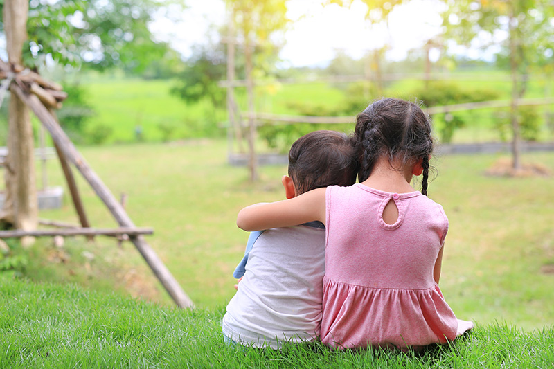 Older sister hugs little brother by the neck shoulders sitting on green grass field. Two adorable Asian children sitting and hugging the neck rear view